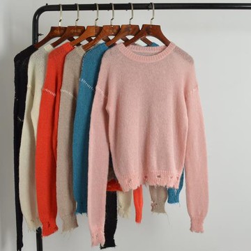 春秋季女裝新款羊毛馬海毛毛衣薄款長袖套頭針織衫圓領百搭上衣