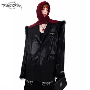 PINKSPINK原創鴕鳥毛裝飾廓形寬松氣質男女小眾墊肩PU皮西裝外套