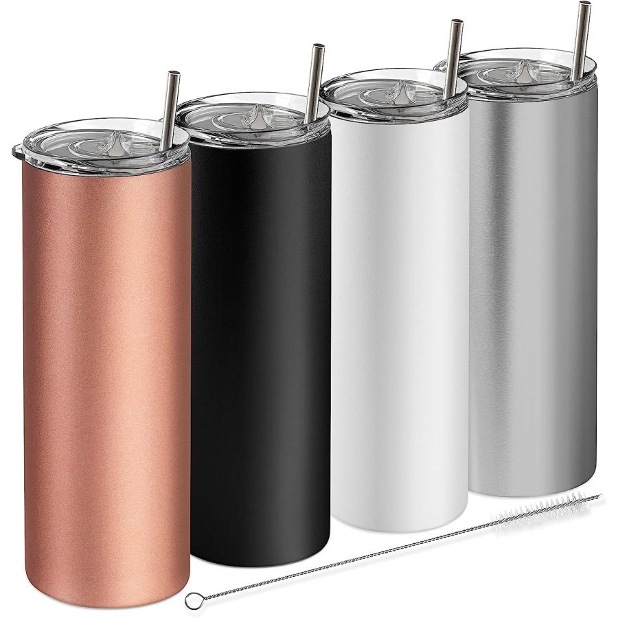 Earth Drinkware SKINNY TUMBLERS (4 pack) 20oz Stainless Steel Double Wall Insulated Tumblers with Lids and Straws Skinny Travel Mug  Straw Clea