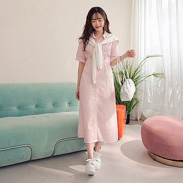 OB嚴選-純棉細條紋短袖襯衫洋裝(附腰帶)《DA10337-》