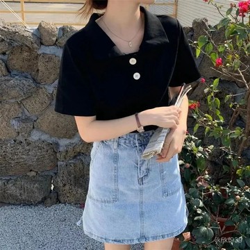 女裝 POLO領 顯瘦上衣 短袖t恤 短T 寬鬆上衣 今年流行小衫夏季新款純色翻領polo衫學院風寬鬆短袖T恤女ins潮