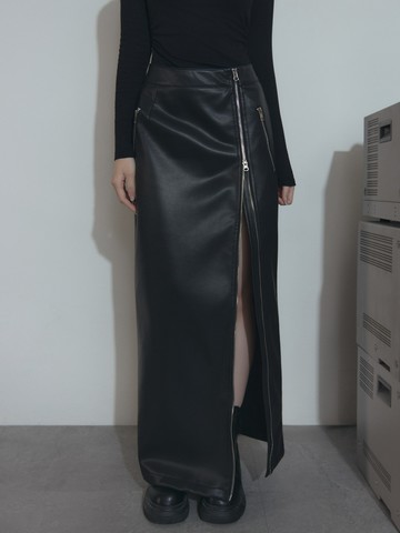 故事從妳登場開始；拉鍊開岔皮革長裙 S-L