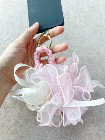 併色 粉紅色 花型  3way 手機掛繩 髮圈 頭飾 匙扣 手腕花 手工