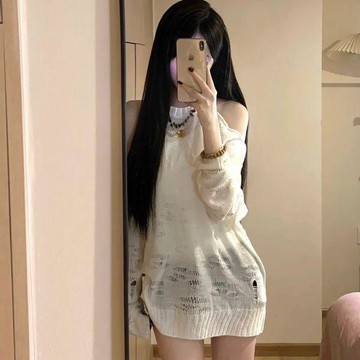 【WYZ】韓系穿搭 夏季新款露肩破洞白色鏤空針織罩衫2026下半身失蹤寬鬆百搭防曬