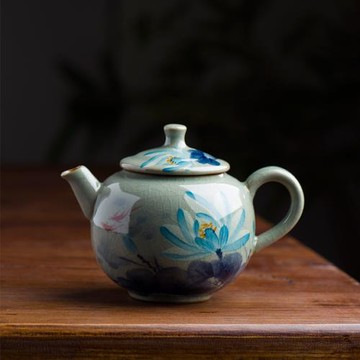 青花釉下彩手繪藍荷花茶壺全手工柴窯泡茶壺景德鎮單壺老陶泥陶瓷