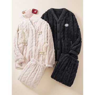 小香風情侶睡衣女秋冬季款提花珊瑚絨加厚可外穿男士寬松家居服