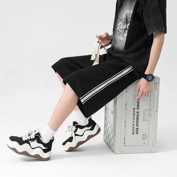 短褲男士夏季潮牌寬松休閑五分褲側邊條紋運動褲男款黑色中褲夏褲