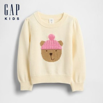 【GAP】女幼童裝|純棉刺繡圓領長袖針織衫-象牙白(805558)