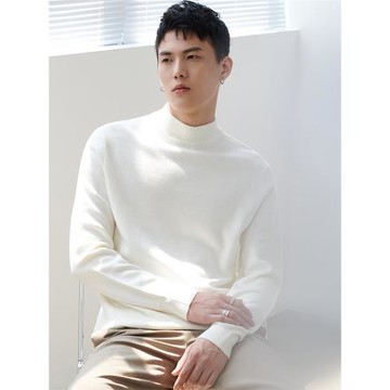 秋冬季半高領毛衣男寬松百搭加絨加厚毛衫男士白色打底中領針織衫