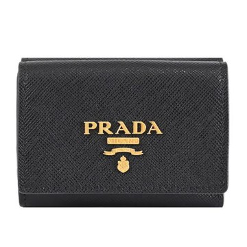 PRADA 1MH042 金屬浮雕LOGO撞色防刮三折小短夾.黑/紫紅