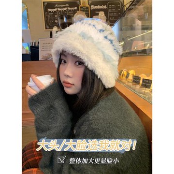 大頭星球大頭圍針織帽女大圓臉適合的帽子冬包頭帽韓版條紋毛絨帽