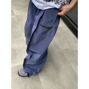 兩個月亮春夏闊腿字母刺繡雙層扭曲休閑直筒寬松運動尼龍工裝長褲