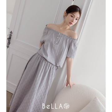 【買2送1】BeLLA  織紋一字領套裝 灰色