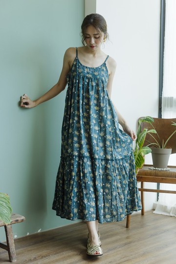 木刻印細肩帶長洋裝_藍綠蓮花