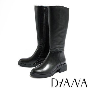 DIANA 百搭素面真皮中跟長靴-黑色