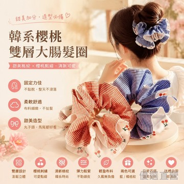 🚀隔日達出 可開統編❤️韓系櫻桃藍色大腸格子雙層髮圈2026新款高級甜美丸子頭髮頭繩髮飾