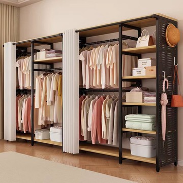 免運 開立發票 衣櫃 衣櫥 金屬衣櫃 洞洞板簡易衣櫃家用臥室組裝金屬衣櫃出租房用開放式防塵簾掛衣架