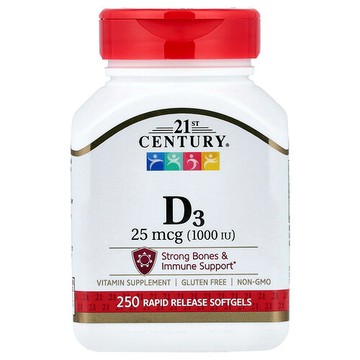 21st Century, 維生素 D3，25 微克（1000 國際單位），250 粒速釋軟膠囊