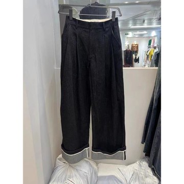 2025春款款中長設計寬松卷邊闊腿褲女口袋顯瘦黑色闊腿牛仔褲爆款