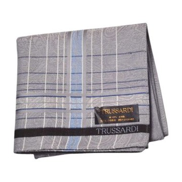 TRUSSARDI 灰底佩斯利條紋印花字母LOGO圖騰帕領巾(50CM)