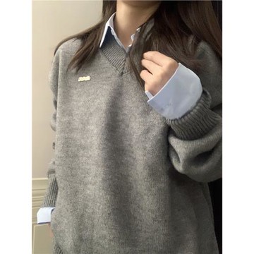 JAMUUS新款韓系寬松軟糯V領毛衣女秋冬慵懶風加厚保暖套頭針織衫