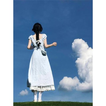 kumikumi度假風藍色花邊連衣裙女夏季假兩件減齡鏤空A字裙大擺裙