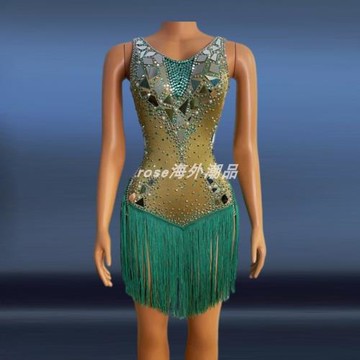 款流蘇鉆石閃光綠色舞會禮服女士時尚禮服舞臺舞蹈服裝