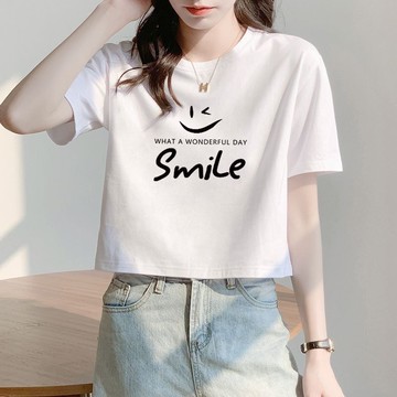 胖胖美依 短版上衣 短袖T卹 印花上衣 簡約 露臍 S-2XL新款短袖新款修身白色百搭印花圓領T卹上衣-6971.