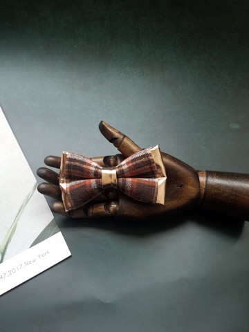 香檳金皮革拼接格子領結獨特工藝雙層蝴蝶結