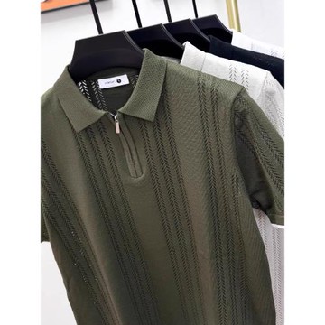 英倫紳士高端魚骨紋針織短袖T恤男半拉鏈時尚翻領polo衫夏季上衣
