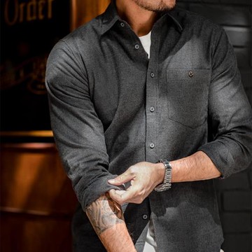 馬登工裝 美式休閑法蘭絨全棉襯衫灰色商務通勤磨毛長袖襯衣男秋