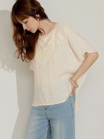 細緻直條紋理蕾絲拼接連袖上衣