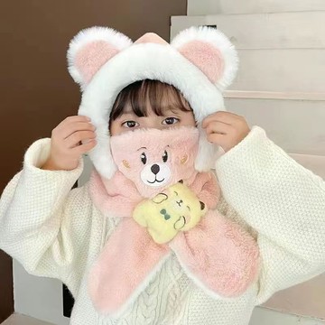 台灣現貨 秋冬保暖兒童帽。【2-4歲】可愛圍巾帽一體、毛絨防風防寒護耳口罩、寶寶防寒套裝
