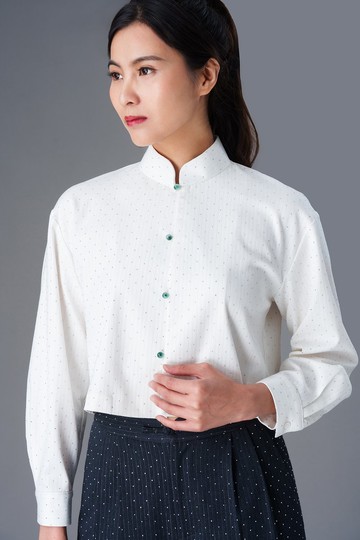 玉珠亮片長袖短款襯衫 (米白色) |香港設計|休閑|上班穿着