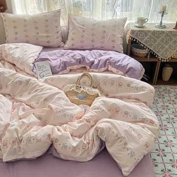 【臺灣出貨 免運】水洗棉可愛卡通KT貓豹紋被套四件套少女心牀上牀單牀笠宿舍三件套