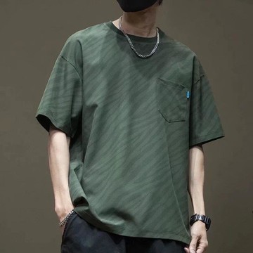 【新品上市】冰絲薄款短袖男胖子大尺碼斑馬紋T恤口袋拼接男士寬鬆速乾上衣