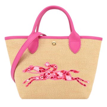 LONGCHAMP LE PANIER PLIAGE系列編織碎花奔馬兩用包(小/桃粉)