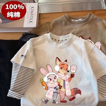 臺灣出貨💖春秋爆款瘋狂動物城兒童寶寶拼接假兩件純棉長袖T恤條紋百搭童裝t