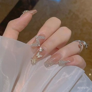豆沙粉蝴蝶結穿戴甲假指甲穿戴美甲貼成品甲片貼美甲貼長款學生黨 TQRM