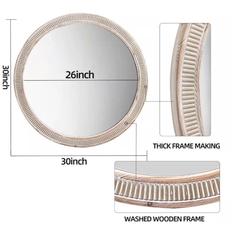 円鏡装飾壁ミラー - 農家のアンティーク調木製ラウンドミラー 素朴な