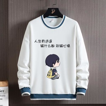 假兩件衛衣男春秋季外套長袖休閑寬松潮流圓領印花套頭體恤衫潮牌