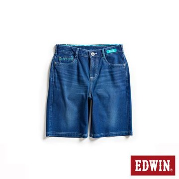 EDWIN 女裝 JERSEYS 冰河玉涼感寬鬆丹寧迦績短褲-中古藍