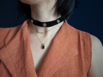 ART 黑絲絨勿忘我小藍壞躲短頸鍊－美國古董首飾 Vintage Jewelry