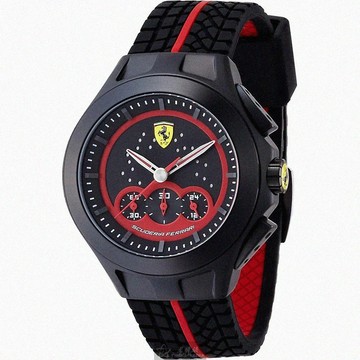 FERRARI手錶，編號FE00110，46mm黑圓形精鋼錶殼，黑色三眼， 中三針顯示， 運動錶面，深黑色精鋼錶帶款_廠商直送