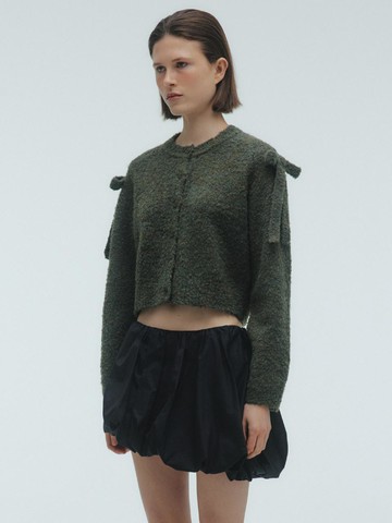RIBBON BOUCLE CARDIGAN_KHAKI