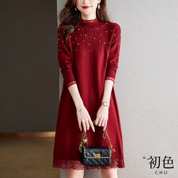 初色 釘珠蕾絲圓領長袖針織衫毛衣連衣裙連身洋裝中長洋裝-共4色-32916(F可選)