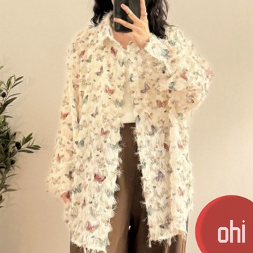 【ohi】美式復古蝴蝶印花立體流蘇長袖襯衫 女生襯衫 長袖襯衫 襯衣 長袖上衣 女裝 GSX8066