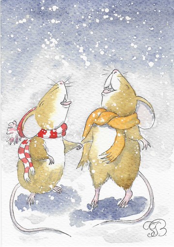 老鼠測試雪景 迷你水彩畫