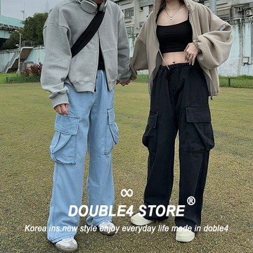 【DOUBLE4】大口袋牛仔工作長褲 鬆緊 擴腿牛仔褲 韓系休閒 落地牛仔長褲 長褲男 T93