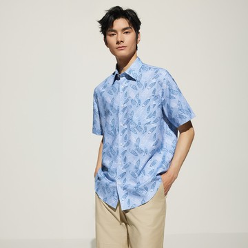 防皺熱風清新處理數位印花短袖休閒襯衫/粉藍色 | 5113034872